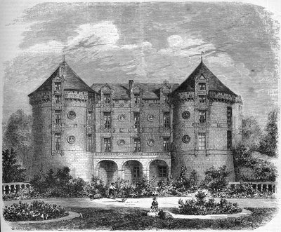 Renaissance-architectuur - de kastelen van de Loire: uitzicht op de gevel van het Chateau du Lude in 1857. Le Lude, Sarthe (72). Gravure in 