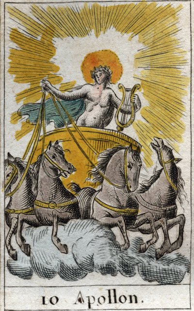 Voorstelling van Apollo, god van zang, muziek en poëzie, op zijn wagen. Uit 