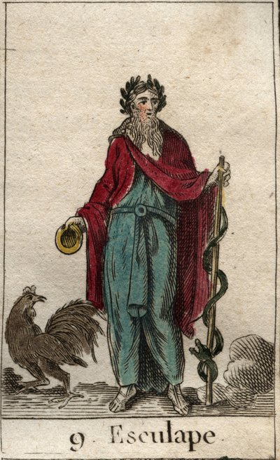 Afbeelding van Asclepios, god van de geneeskunde, hij houdt een staf van Asclepios vast, een pelgrimsstaf met een slang eromheen gewikkeld, symbool van kennis. door French School