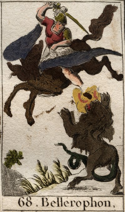 Voorstelling van Bellerophon, rijdend op Pegasus, die de Chimera doodt. Uit 