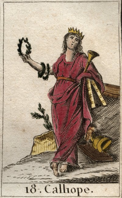 Voorstelling van Calliope, muze van de epische poëzie, ze houdt een kroon en de trompet van de heldendicht in haar hand. Uit 