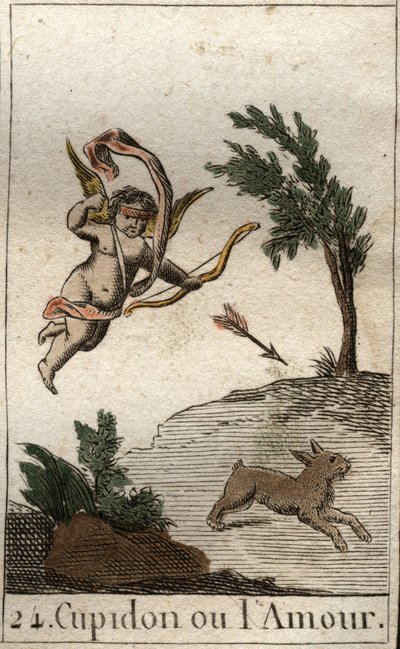Voorstelling van Cupido, of Amor, dienaar van Venus, als een geblinddoekt kind, die een pijl trekt. Uit 