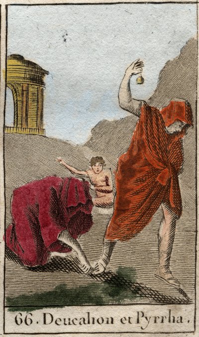 Voorstelling van Deucalion en Pyrrha, de enige overlevenden na de zondvloed veroorzaakt door Zeus om het menselijk ras te vernietigen. Themis vraagt hen na de zondvloed om met bedekt hoofd de botten van hun moeder (de stenen van de aarde) achter zich te go door French School
