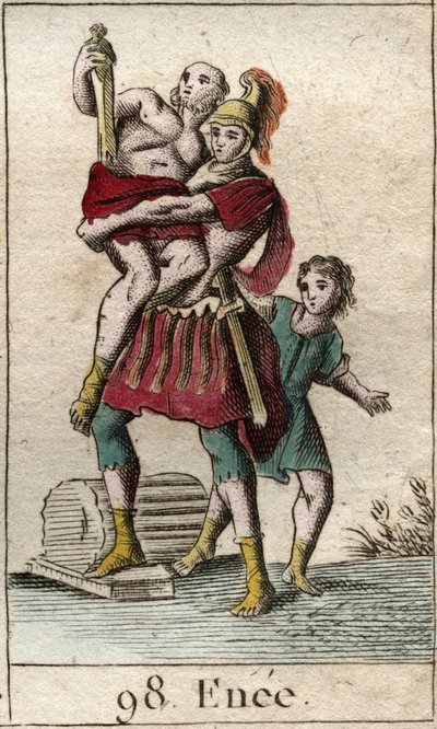 Voorstelling van Aeneas tijdens de vlucht uit Troje, gedragen door de Grieken, met zijn vader Anchises op zijn schouders, gevolgd door zijn zoon Ascanius als kind. door French School
