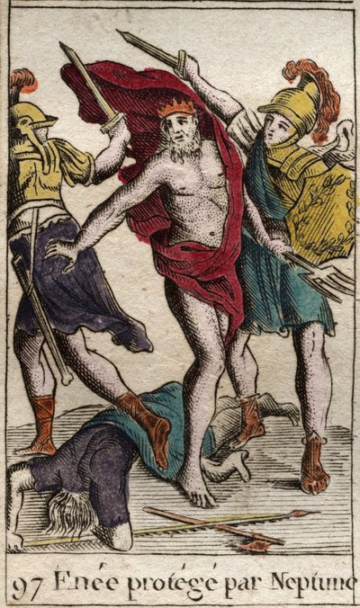 Voorstelling van Aeneas die, beschermd door Neptunus, het gevecht met Achilles ontwijkt. Uit 