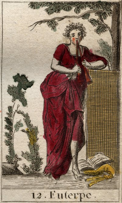 Afbeelding van Euterpe, muze van de muziek, omringd door muziekboeken en spelend op een dubbele fluit (aulos). Uit 