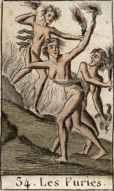 Voorstelling van de Furieën, Tisiphone, Megaera en Alecto, als uitgemergelde vrouwen. Uit 