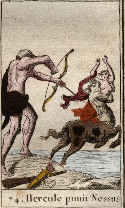 Voorstelling van Hercules die een vergiftigde pijl afschiet op de centaur Nessus die zijn vrouw Deianira ontvoert. Uit 