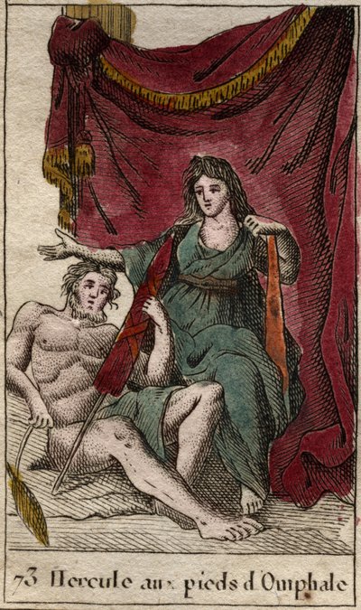 Voorstelling van Hercules, geliefde van Omphale, liggend aan haar voeten met een spinrok in zijn hand. Uit 