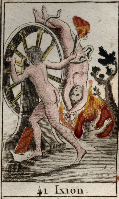 Voorstelling van Ixion, gestraft door de goden, veroordeeld om vastgeketend te zijn aan een brandend wiel dat eindeloos draait. Uit 