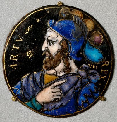 Voorstelling van koning Arthur, legendarische koning van de Britten (6e eeuw). Medaillon in email uit Limoges uit de 16e eeuw door French School