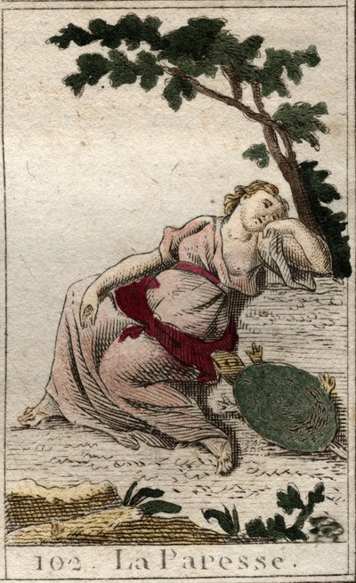 Voorstelling van Luiheid, dochter van de Nacht en Slaap, als een jonge man met een schildpad. Uit 
