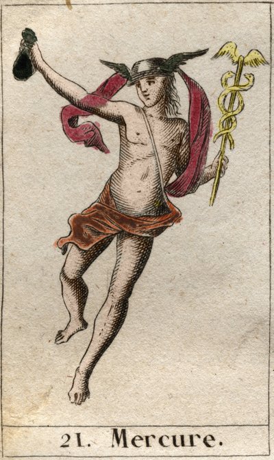 Voorstelling van Mercurius, god van de handel, reizen en boodschapper van andere goden. Hij houdt een caduceus vast en draagt een petasos. Uit 