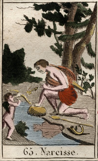 Voorstelling van Narcissus, een jonge man die verliefd is op zichzelf en voortdurend naar zijn spiegelbeeld kijkt. Uit 