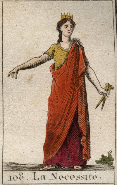 Voorstelling van Noodzaak, als een onverzettelijke vrouw, dochter van Fortuna, met bronzen handen. Uit 