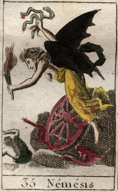Voorstelling van Nemesis, godin van de wraak, afgebeeld als een gevleugelde vrouw met een fakkel, en slangen, wiel en roer die aangeven dat ze haar slachtoffers over zee en land achtervolgde. door French School