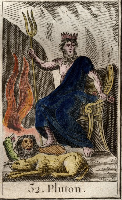 Voorstelling van Pluto, god van de onderwereld, met aan zijn voeten Cerberus, de hond met drie koppen. Uit 