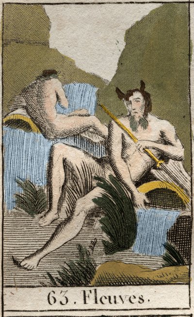 Voorstelling van rivieren, oude mannen met natte baard en haar, zittend bij een omgevallen urn. Uit 