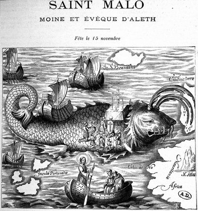 Voorstelling van Saint Malo (Saint Maclou) op de rug van een walvis, afgebeeld op de manier van Saint Brendan (Brandan) door Clonfert of Breanainn door Clonfert (ca. 484-577/578) - gravure door French School