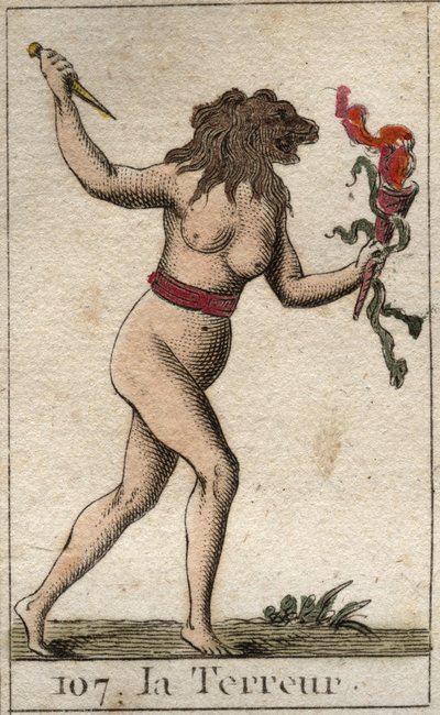 Voorstelling van Angst, als een vrouw met een leeuwenkop, die een mes en slangen vasthoudt. Uit 