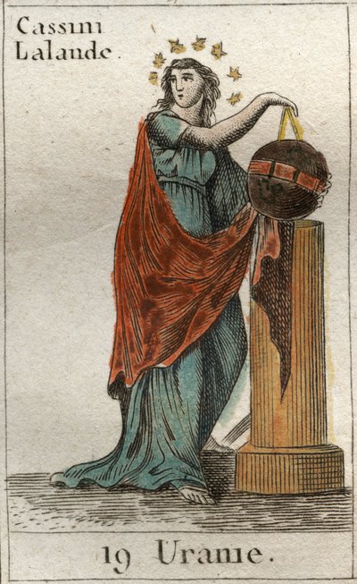 Afbeelding van Urania, muze van de astronomie en astrologie, ze houdt een globe en een kompas vast. Uit 
