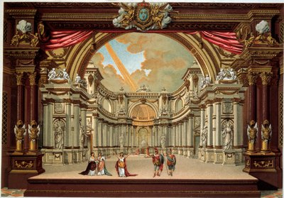 Voorstelling van een toneelstuk door Jean Baptiste Poquelin genaamd Moliere (1622-1673) in het theater van het kasteel van Versailles. Lithografie uit de 19e eeuw. Decoratieve Kunsten, Parijs door French School