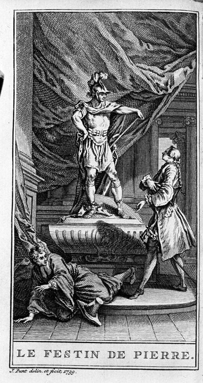 Weergave van een scène uit het stuk "Dom juan ou le festin de Pierre" (1665) door Jean Baptiste Poquelin, bekend als Molière (1622-1673). Gravure uit 1739. door French School