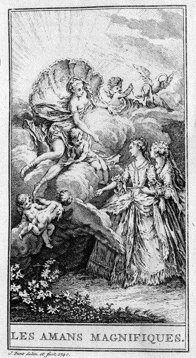 Weergave van een scène uit het stuk "Les amants magnifiques" (1670) door Jean Baptiste Poquelin, bekend als Molière (1622-1673). Gravure uit 1740. door French School