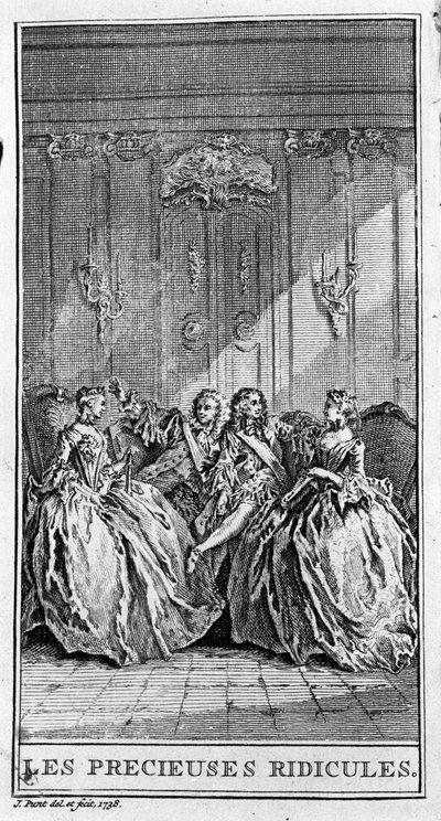 Weergave van een scène uit het stuk "Les précieuses ridicules" (1659) door Jean Baptiste Poquelin, bekend als Molière (1622-1673). Gravure uit 1738. door French School
