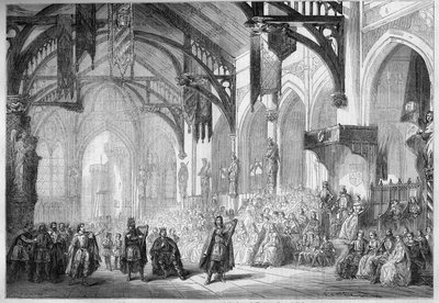 Voorstelling van een opera: Landgraafpaleis in Wartburg. Scenografie van Act II van 