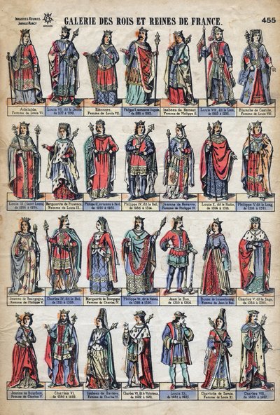 Voorstelling van koningen en koninginnen van Frankrijk uit de Capetiaanse dynastie (van Lodewijk VII tot Karel VIII). Illustratie eind 19e eeuw. door French School