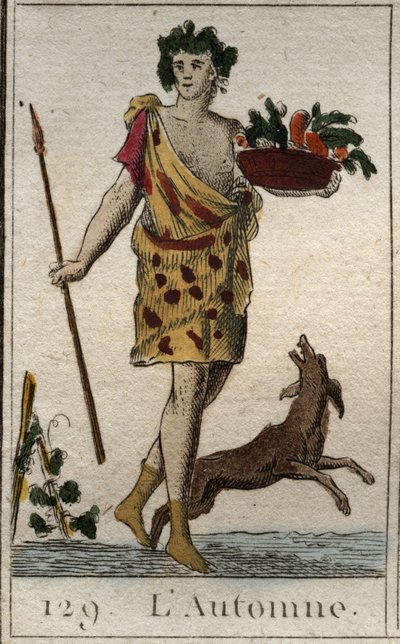 Voorstelling van het herfstseizoen als Vertumnus die een mand met fruit vasthoudt, met een hond. Uit 