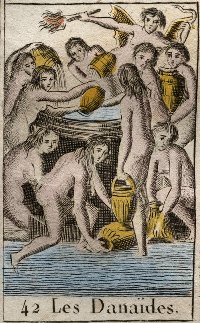 Voorstelling van de Danaïden, dochters van koning Danaos, veroordeeld tot de onderwereld, eindeloos een bodemloos vat vullen, voor het doden van hun neven en echtgenoten. Uit 