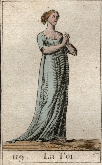Voorstelling van het Geloof, vrouw gekleed in het wit met gevouwen handen. Uit 