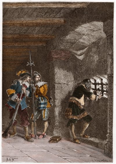 Voorstelling van het IJzeren Masker (overleden 1703) opgesloten op het eiland Sainte Marguerite door French School