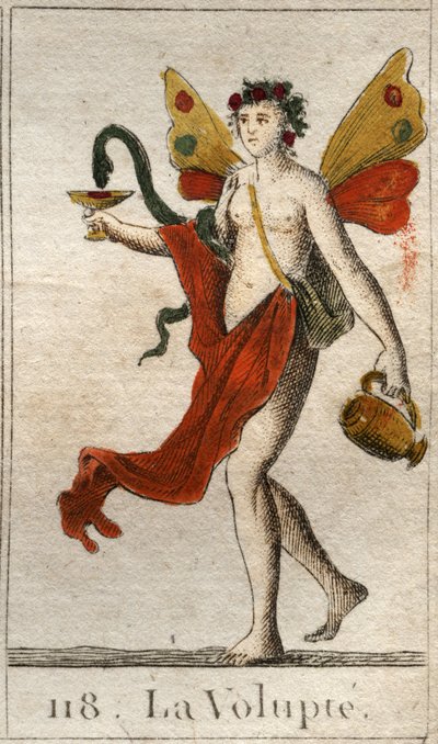 Afbeelding van de Volupté, naakte vrouw gekroond met rozen, ze houdt een beker of een slang trekt een heerlijke likeur. Uit 
