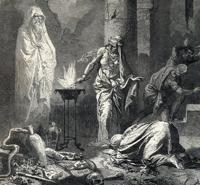 Voorstelling van de Heks van Endor (of Pythonisse van Endor), een Kanaänitisch dorp genoemd in het eerste boek van Samuel (Bijbel) die een talisman heeft waarmee ze de geest van de recent overleden profeet Samuel oproept, op verzoek van Saul, koning van Is door French School