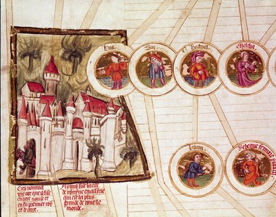 Voorstelling van de stad Nimrud (Kalkhu of Kalhu of Kalwakhum en Kalakh) en de genealogie van de familie van Laban en Rebecca. Pagina uit het manuscript 