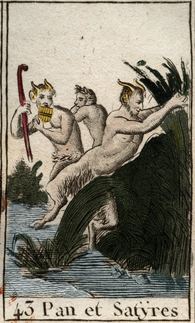 Afbeelding van de landgod Pan en saters. Hij heeft harige dijen, geitenpoten en speelt fluit (Syrinx) met meerdere pijpen. Uit 