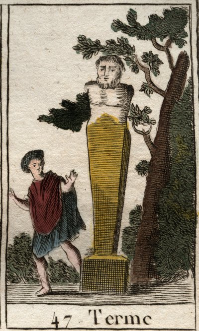 Afbeelding van de god Terme, in de vorm van een grenssteen, om bezittingen en land te markeren. Uit 