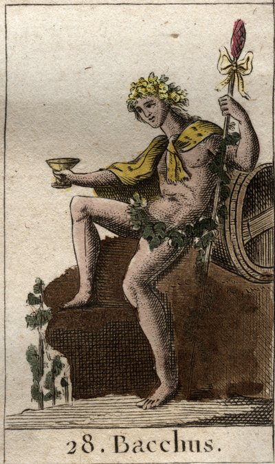 Afbeelding van de god van wijn en oogst Bacchus, met een beker in zijn hand. Uit “Mythologie de la jeunesse” door Pierre Blanchard 1803. door French School