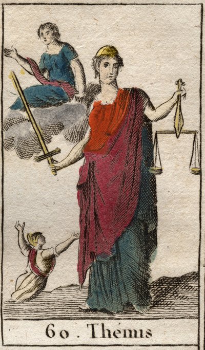 Afbeelding van de godin van gerechtigheid en de wet, Themis, ze houdt een weegschaal en een zwaard vast. Uit “Mythologie de la jeunesse” door Pierre Blanchard 1803. door French School