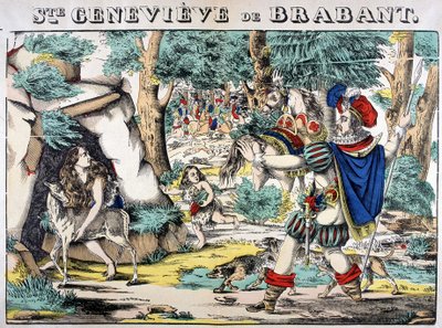 Weergave van de legende van Sint Genoveva van Brabant. Scène van de ontmoeting tussen Genoveva, verlaten in het bos, en haar echtgenoot. Afbeelding van Epinal door French School