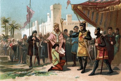 Voorstelling van de brieven van adeldom ingesteld door Koning Filips III de Stoute (1270-1285). Chromolithografie rond 1890 door French School
