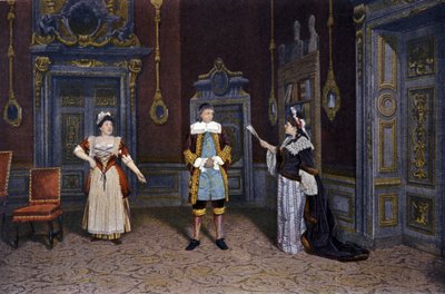 Weergave van het stuk "Les femmes savantes" door Jean Baptiste Poquelin, bekend als Molière (1622-1673) in de Comédie française circa 1885-1890. Van links naar rechts: Mevr. Rachel Boyer, Dhr. Leloir, Mevr. Blanche Pierson door French School