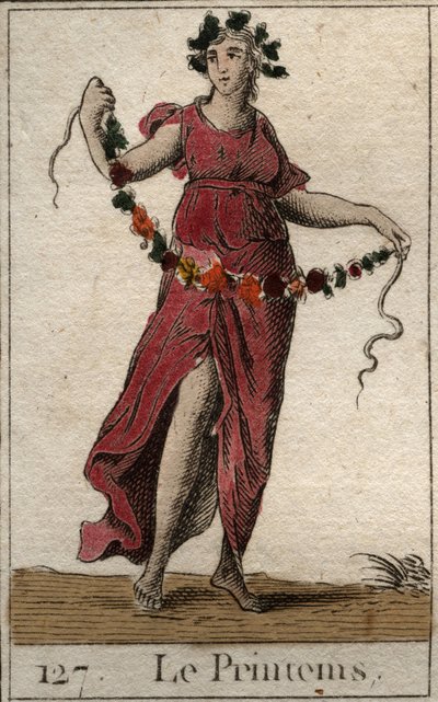Voorstelling van het lenteseizoen als Flora met een bloemenkrans. Uit 