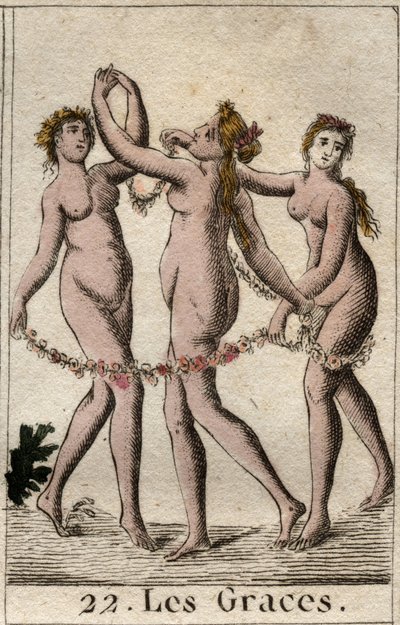 Voorstelling van de drie Gratiën: Aglae, Thalie en Euphrosyne, dochters van Venus en Bacchus. Uit 