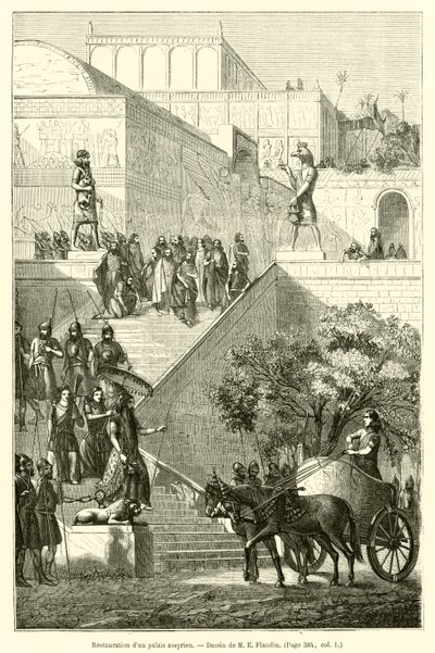 Restauratie van een Assyrisch paleis (gravure) door French School