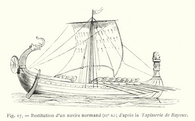 Herstel van een Normandisch schip, XIe eeuw; naar het Tapijt van Bayeux (gravure) door French School
