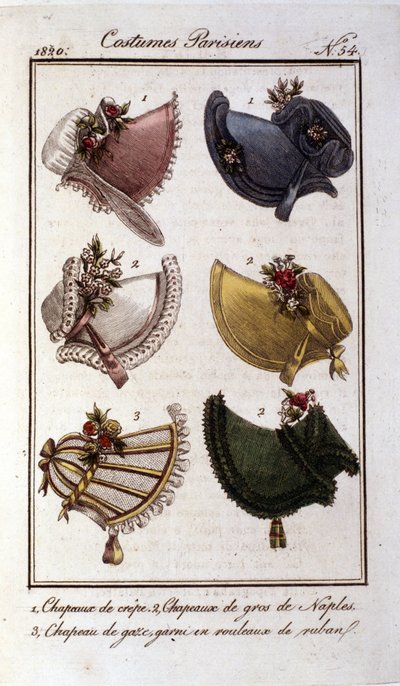 Restauratiemodus: verschillende modellen hoeden voor vrouwen in crêpe, gaas, fluweel. Gravure uit 1820 door French School